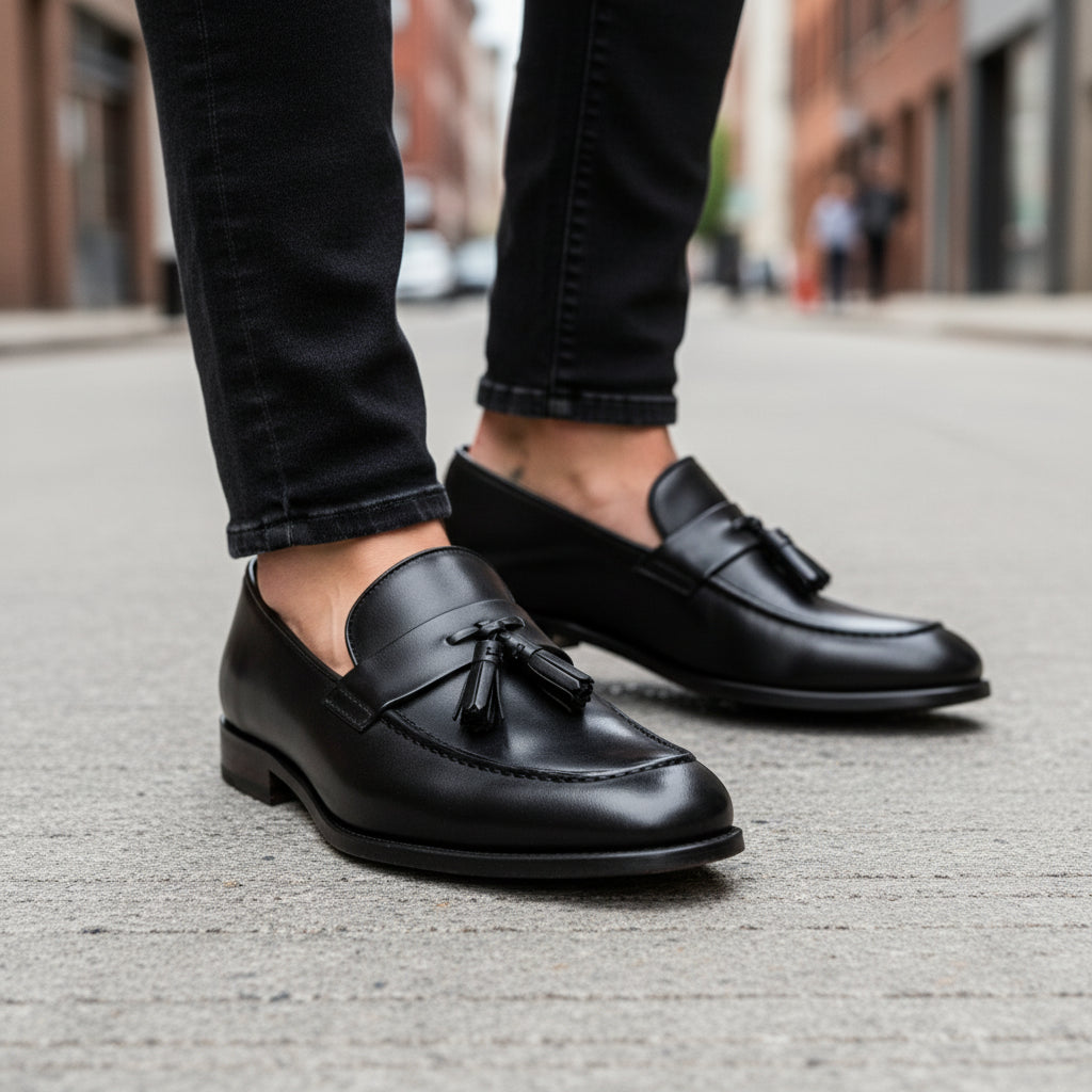 model-walking-street - Men's Brown Leather Loafers