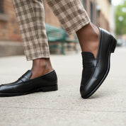 model-walking-street - Men's Brown Leather Moc-Toe Loafers