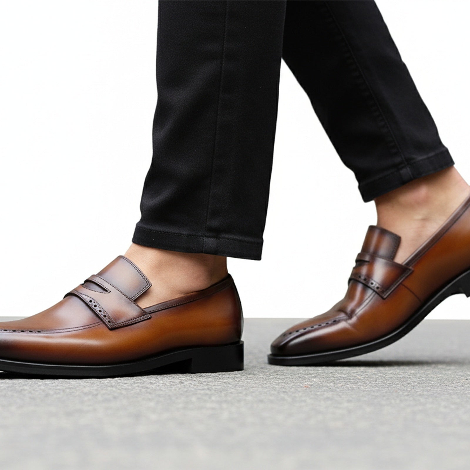 model-walking-street - Men's Brown Leather Moccasin Dress Shoes
