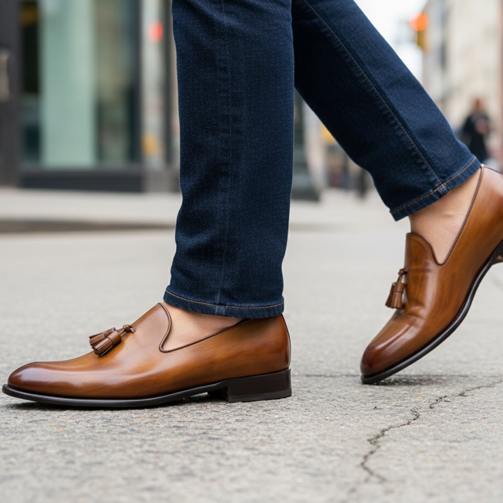model-walking-street - Men's Brown Leather Moccasin Loafers