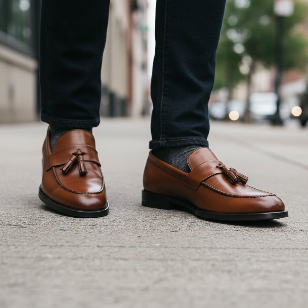 model-walking-street - Men's Brown Leather Moccasin Loafers