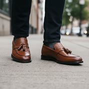model-walking-street - Men's Brown Leather Moccasin Loafers