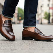 model-walking-street - Men's Brown Leather Moccasins with Crocodile Embossing