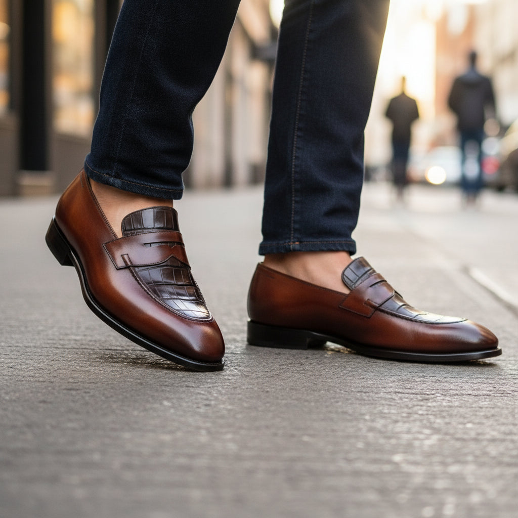 Men's Brown Leather Moccasins with Crocodile Texture - model-walking-street