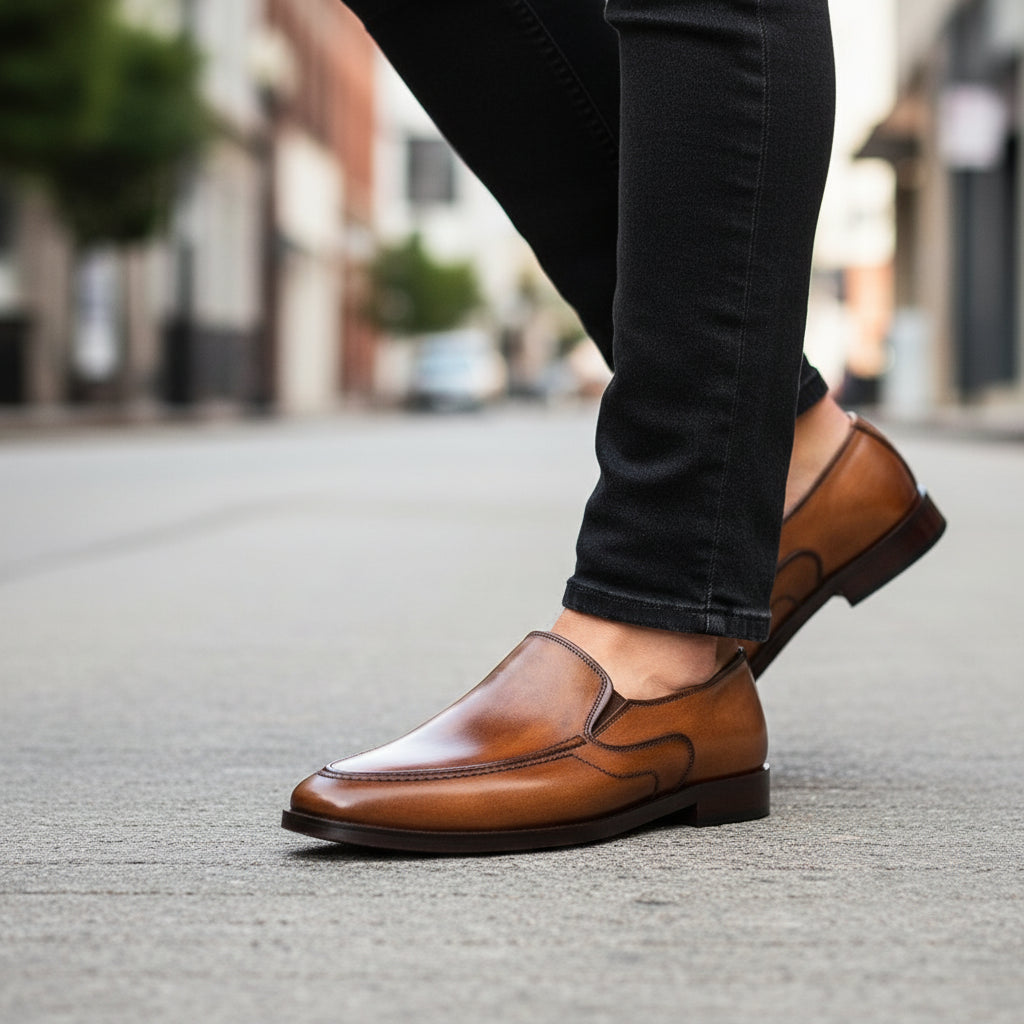model-walking-street - Men's Brown Leather Moccasins