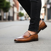 model-walking-street - Men's Brown Leather Moccasins