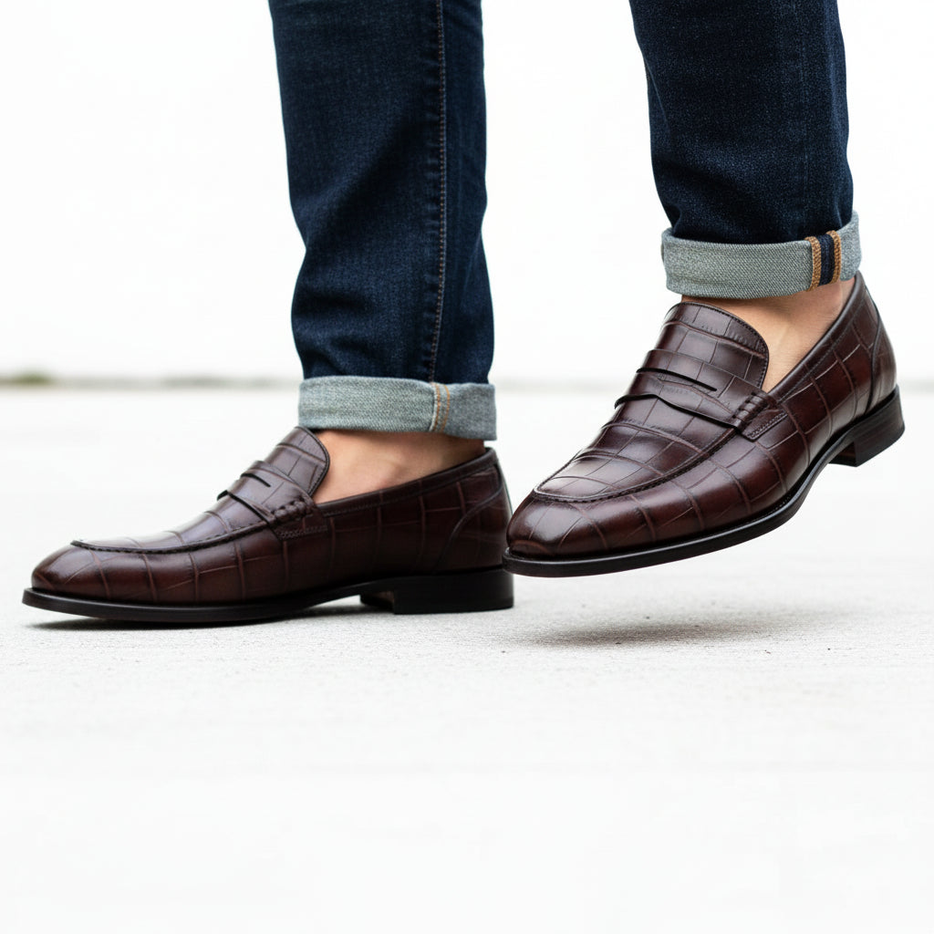 model-walking-street - Men's Brown Leather Moccasins