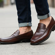 Men's Brown Leather Moccasins - model-walking-street