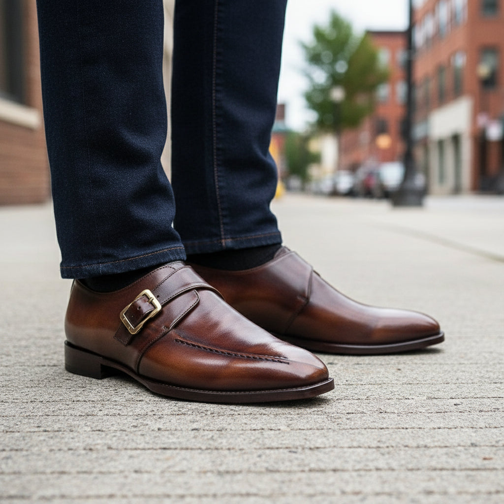 Men's Brown Leather Monk Shoes for Formal Events - model-walking-street