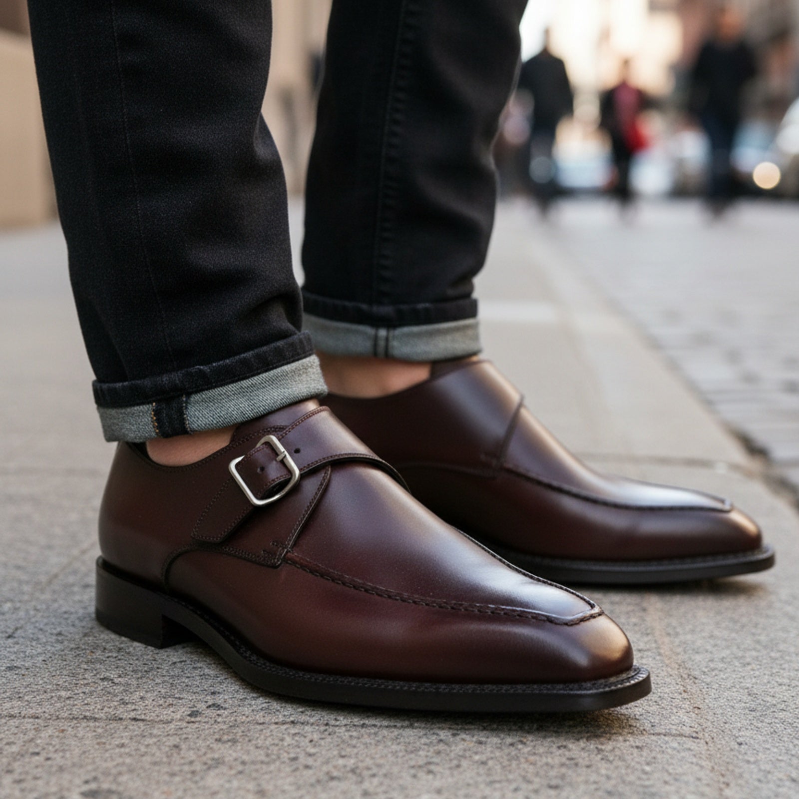 model-walking-street - Men's Brown Leather Monk Shoes
