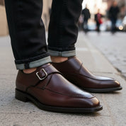 model-walking-street - Men's Brown Leather Monk Shoes