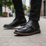 model-walking-street - Men's Brown Leather Monk Strap Boots