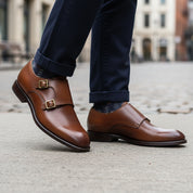 model-walking-street - Men's Brown Leather Monk Strap Dress Shoes