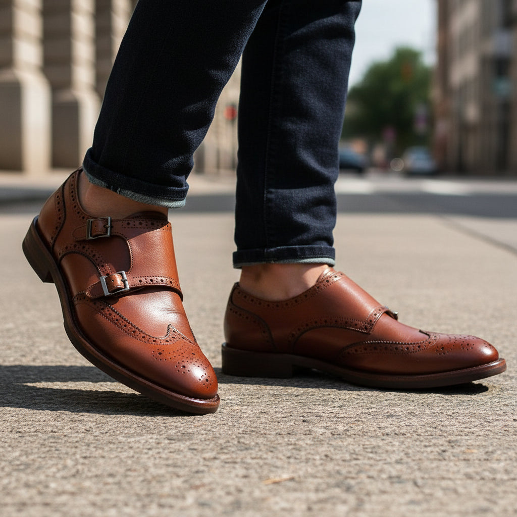 model-walking-street - Men's Brown Leather Monk Strap Shoes