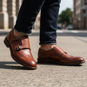 model-walking-street - Men's Brown Leather Monk Strap Shoes