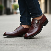 model-walking-street - Men's Brown Leather Monk Strap Shoes