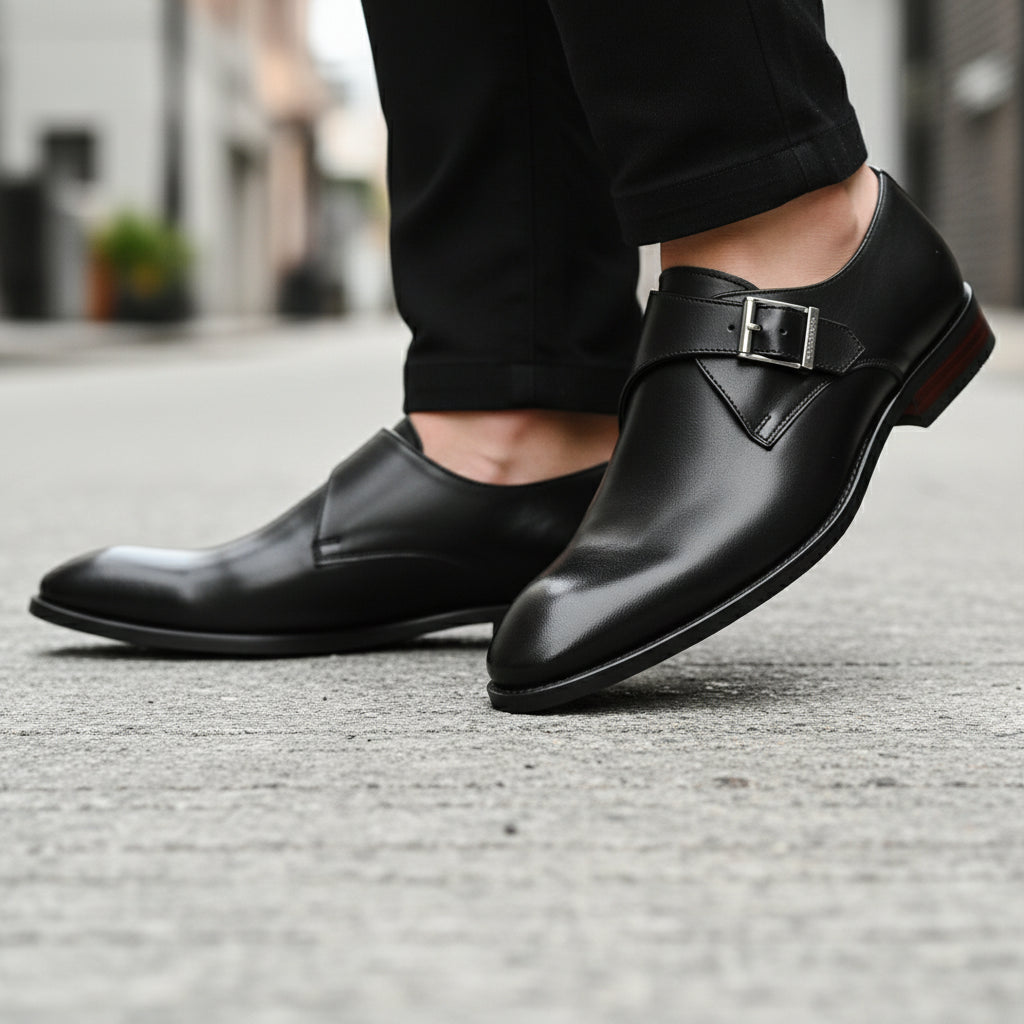 model-walking-street - Men's Brown Leather Monk Strap Shoes