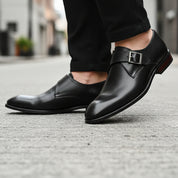 model-walking-street - Men's Brown Leather Monk Strap Shoes