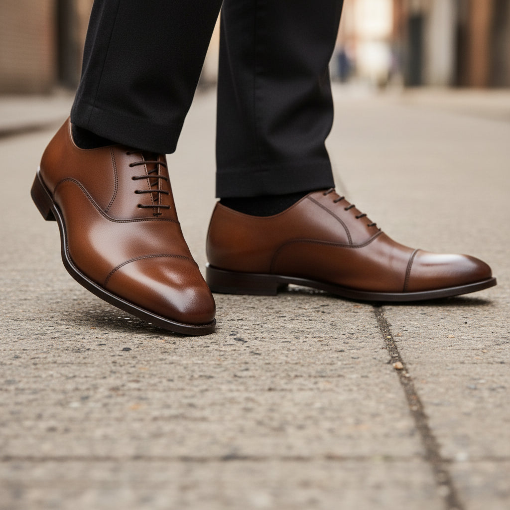 model-walking-street - Men's Brown Leather Oxford Dress Shoes with Lace-Up