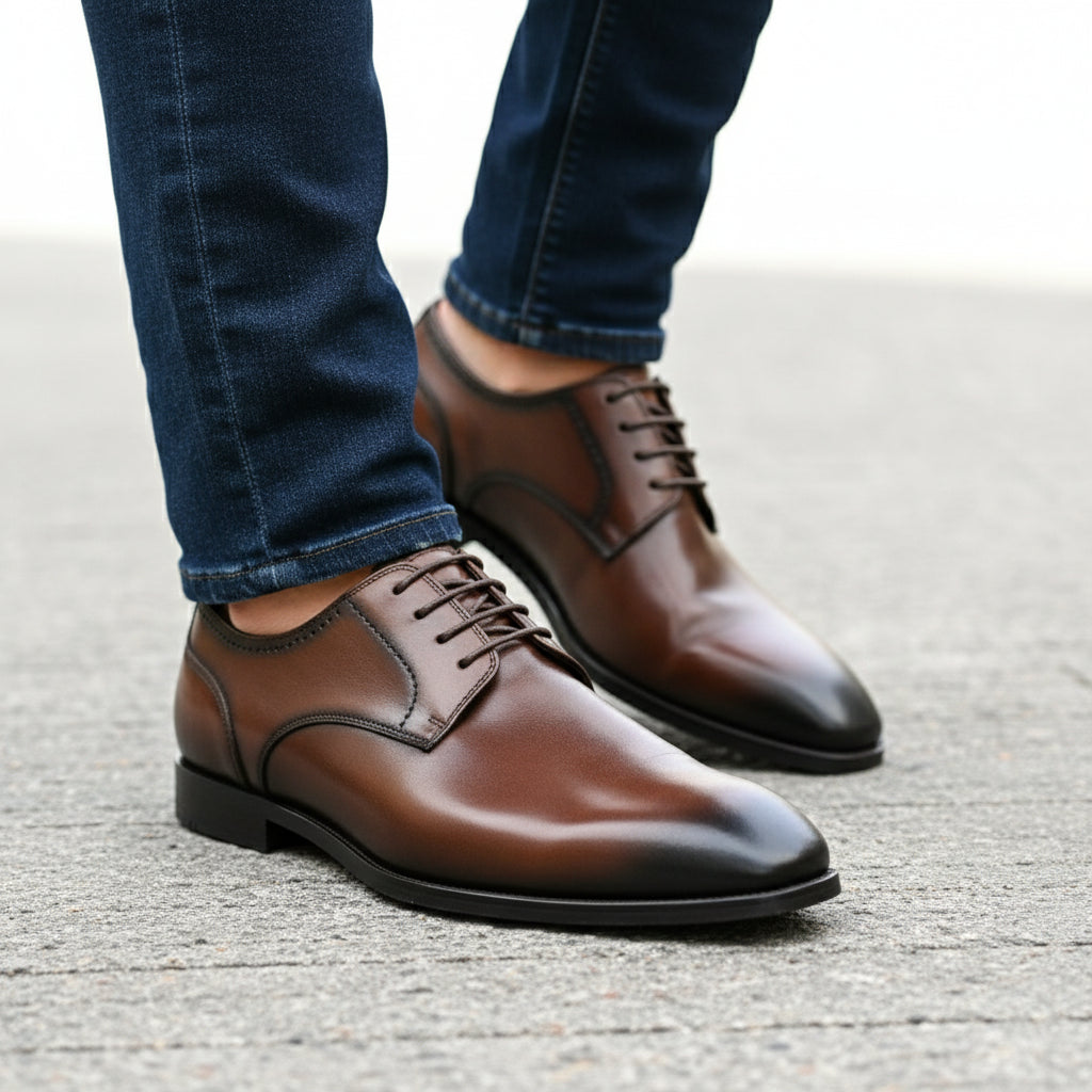 model-walking-street - Men's Brown Leather Oxford Dress Shoes