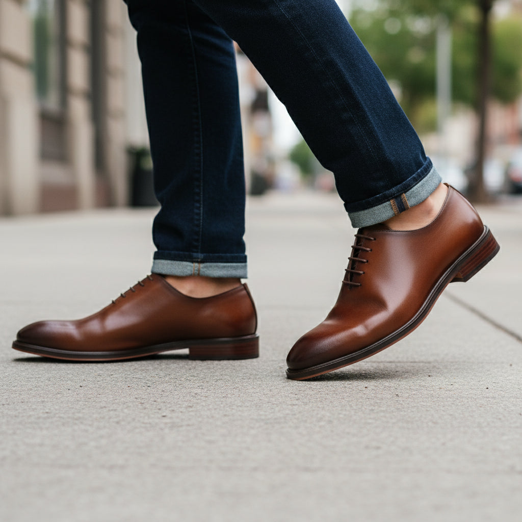 model-walking-street - Men's Brown Leather Oxford Dress Shoes
