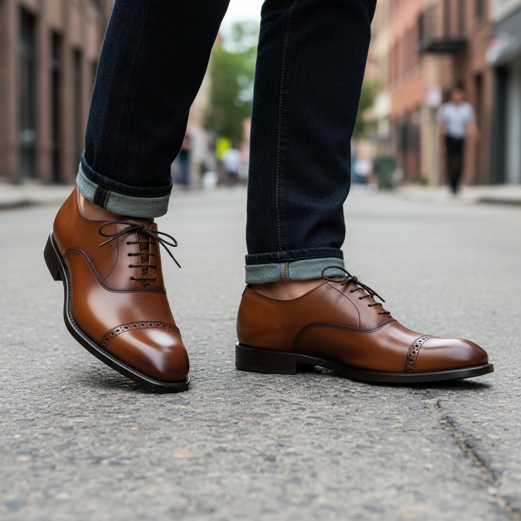 model-walking-street - Men's Brown Leather Oxford Dress Shoes