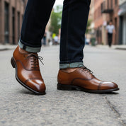 model-walking-street - Men's Brown Leather Oxford Dress Shoes