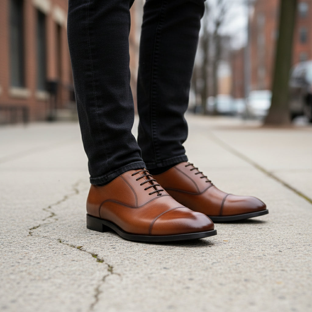 model-walking-street - Men's Brown Leather Oxford Dress Shoes