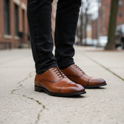 model-walking-street - Men's Brown Leather Oxford Dress Shoes