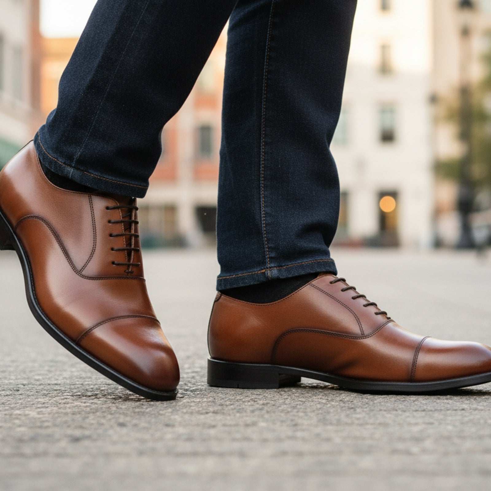 model-walking-street - Men's Brown Leather Oxford Dress Shoes