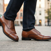 model-walking-street - Men's Brown Leather Oxford Dress Shoes
