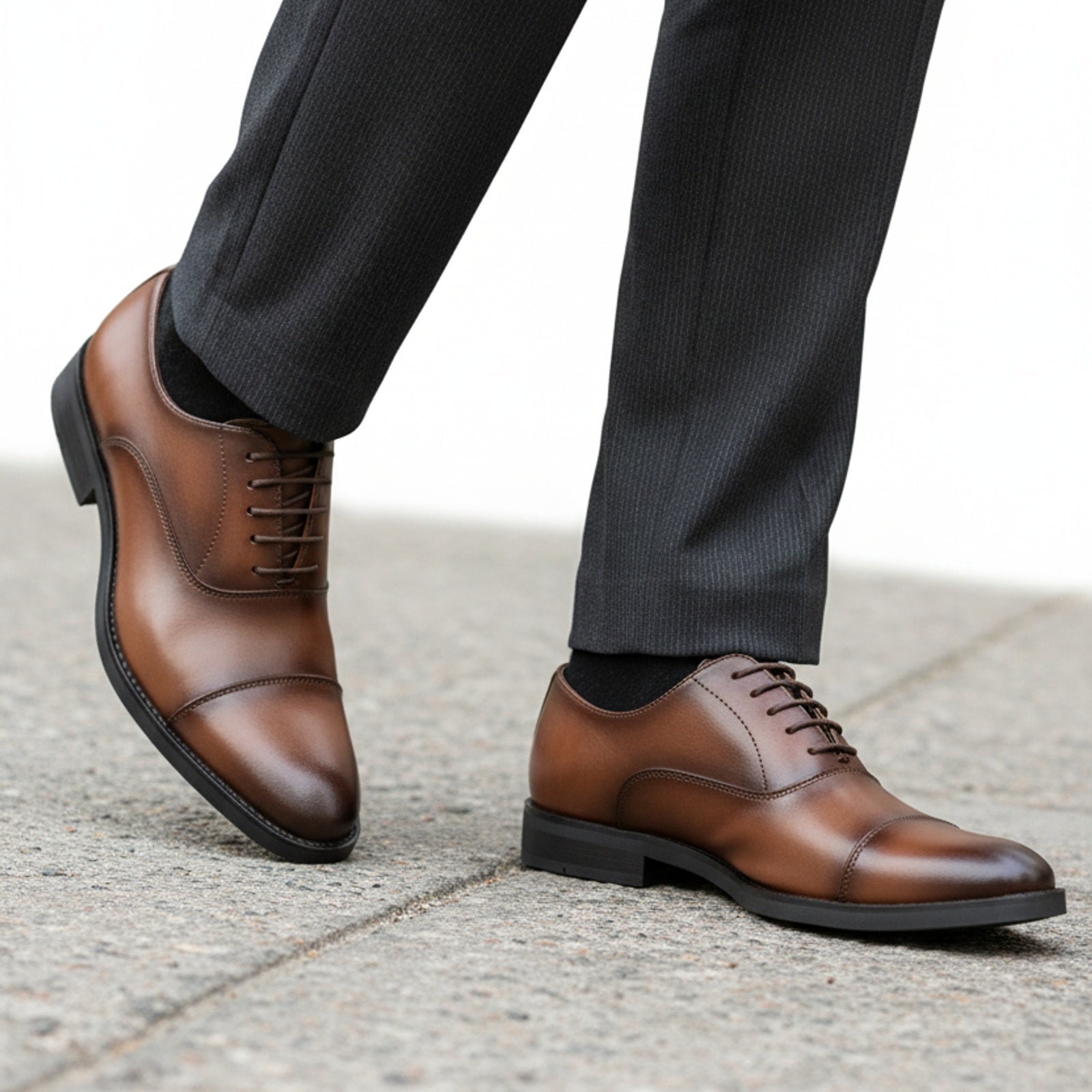model-walking-street - Men's Brown Leather Oxford Dress Shoes