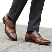 model-walking-street - Men's Brown Leather Oxford Dress Shoes