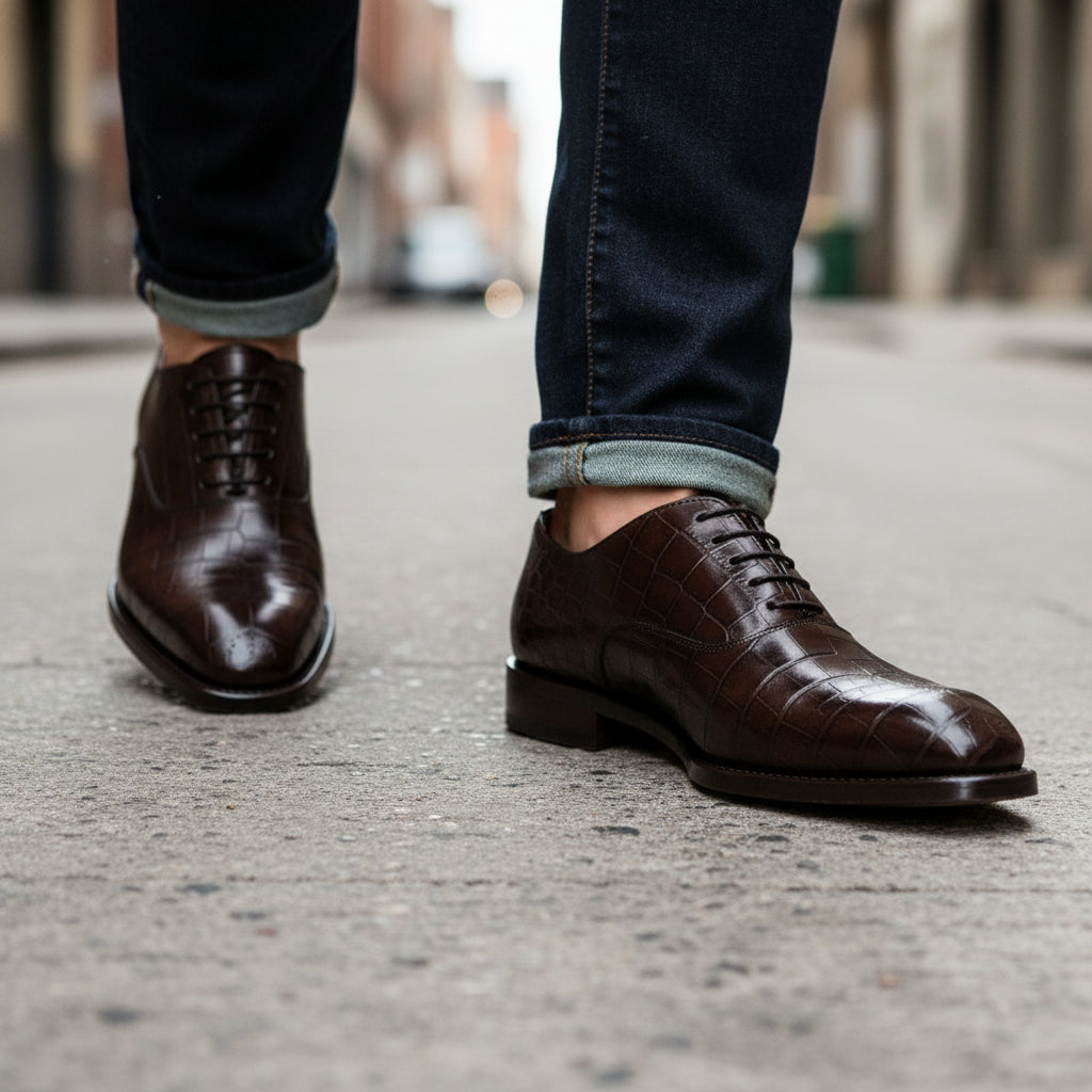 model-walking-street - Men's Brown Leather Oxford Shoes