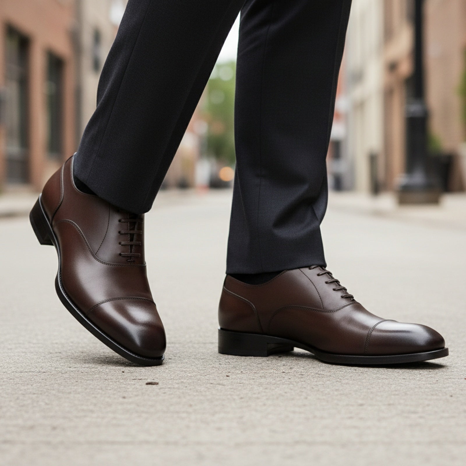model-walking-street - Men's Brown Leather Oxford Shoes