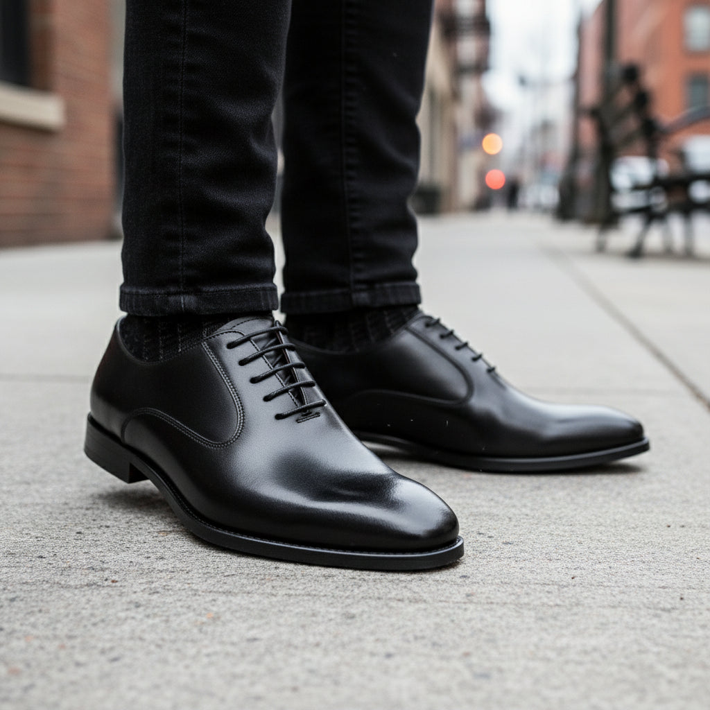 model-walking-street - Men's Brown Leather Oxford Shoes