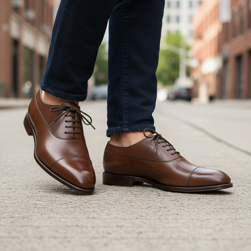 Men's Brown Leather Oxford Shoes - model-walking-street