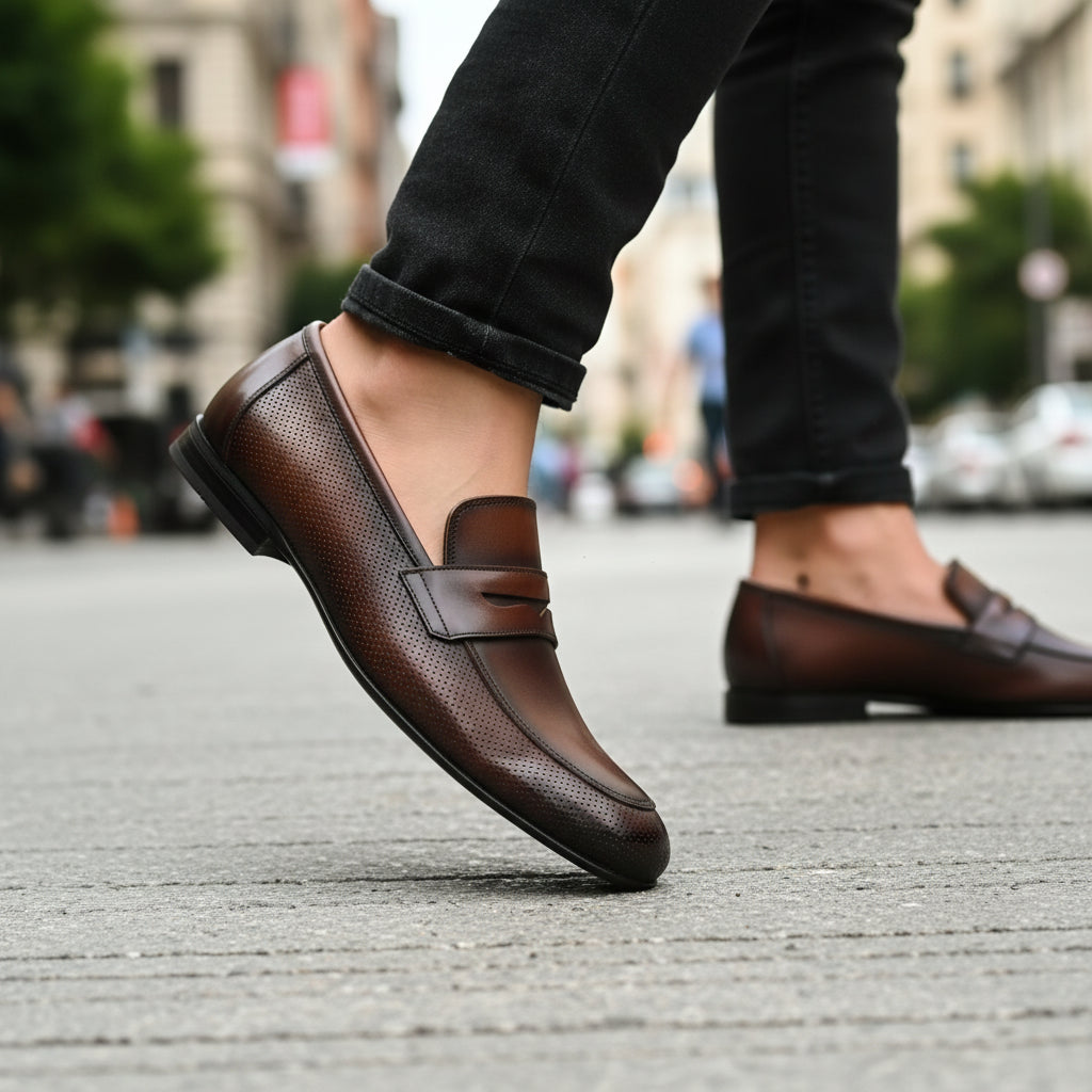 model-walking-street - Men's Brown Leather Penny Loafer Shoes