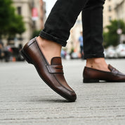 model-walking-street - Men's Brown Leather Penny Loafer Shoes