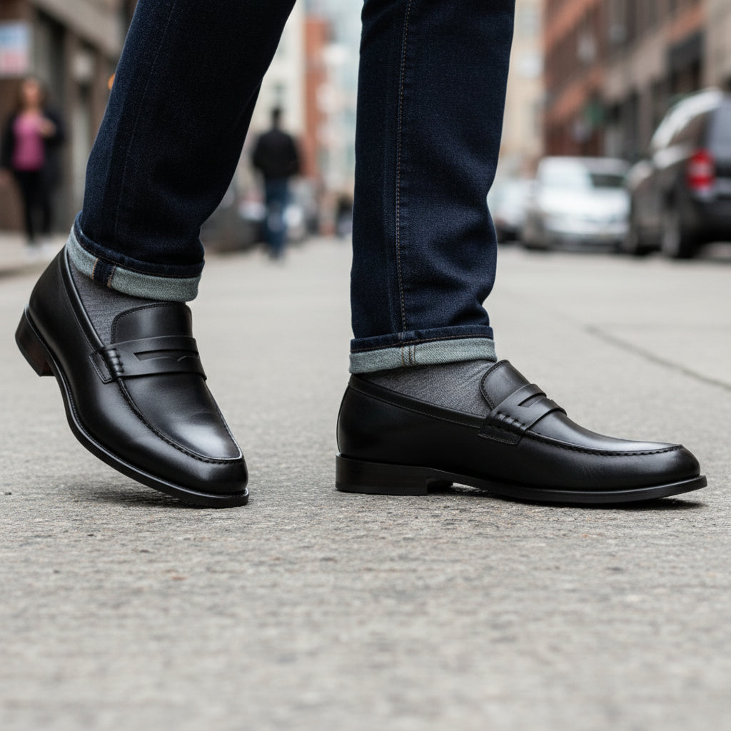 model-walking-street - Men's Brown Leather Penny Loafer Shoes