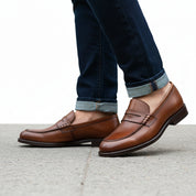 model-walking-street - Men's Brown Leather Slip-on Dress Shoes
