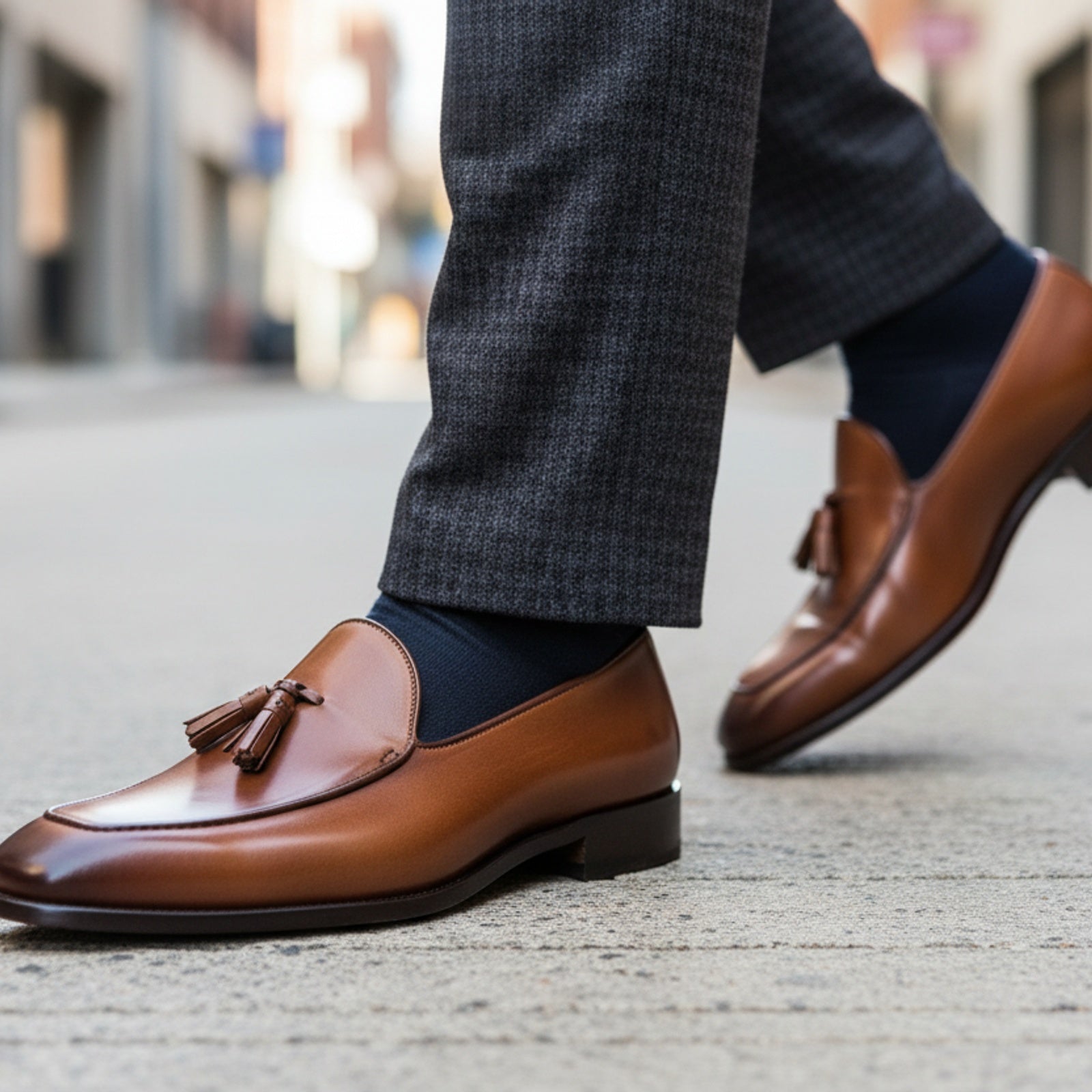 model-walking-street - Men's Brown Leather Slip-On Formal Dress Shoes