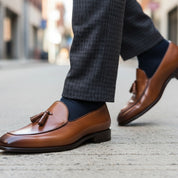 model-walking-street - Men's Brown Leather Slip-On Formal Dress Shoes