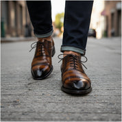model-walking-street - Men's Brown Leather Square Toe Dress Shoes