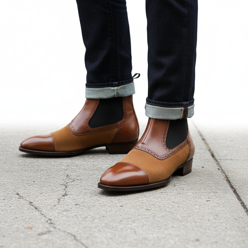 Men's Brown Leather & Suede Chelsea Boots - model-walking-street