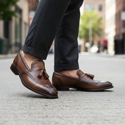 model-walking-street - Men's Brown Leather Tassel Loafers