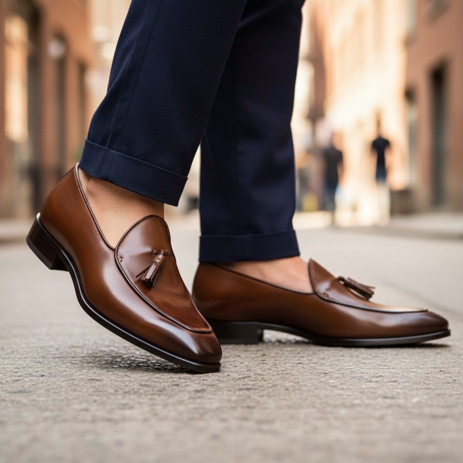 model-walking-street - Men's Brown Leather Tassel Loafers