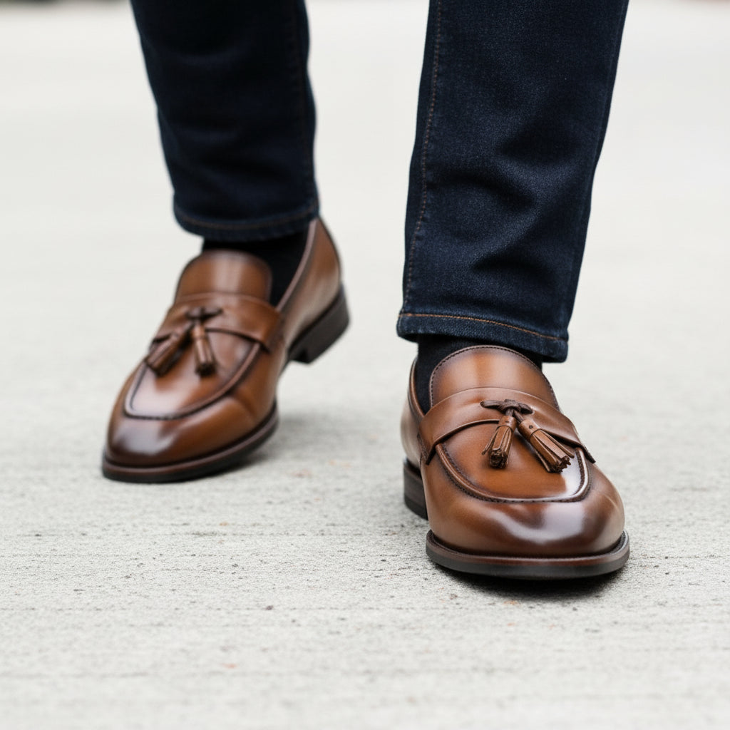 model-walking-street - Men's Brown Leather Tassel Loafers