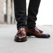 model-walking-street - Men's Brown Leather Tassel Loafers