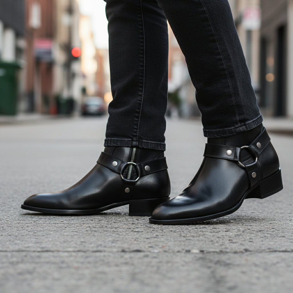 model-walking-street - Men's Brown Leather Western Style Boots